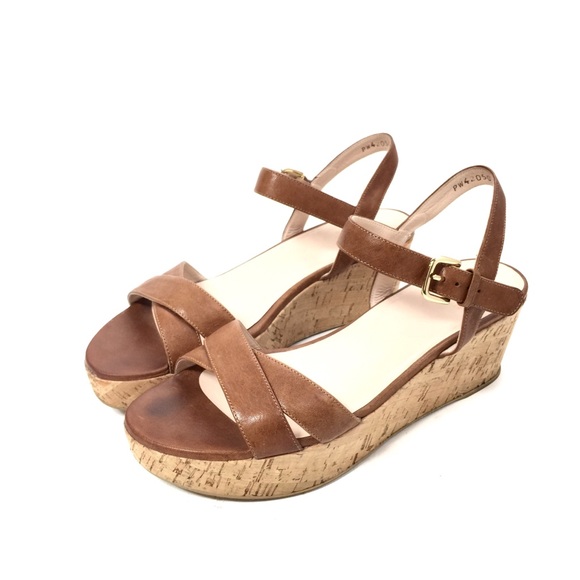 Stuart Weitzman Cognac Leather Cork Platform Wedge - Picture 2 of 12